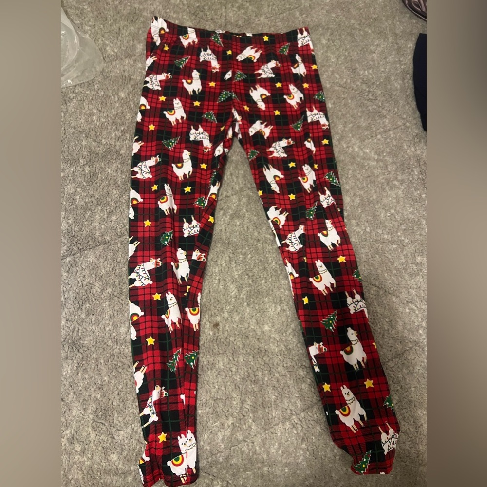 christmas holiday llama tree lights plaid cute leggings tights